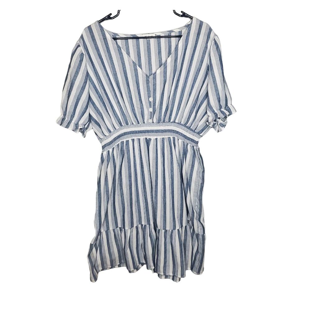🔥 Kindred 3X Blue Stripe Coastal Short Sleeve Flowy Tiered Dress 100% Rayon
